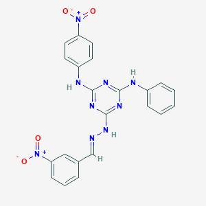 molecular formula C22H17N9O4 B387173 3-Nitrobenzaldehyde (4-anilino-6-{4-nitroanilino}-1,3,5-triazin-2-yl)hydrazone 