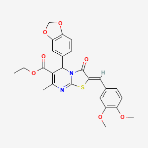molecular formula C26H24N2O7S B3876010 ETHYL (2Z)-5-(2H-1,3-BENZODIOXOL-5-YL)-2-[(3,4-DIMETHOXYPHENYL)METHYLIDENE]-7-METHYL-3-OXO-2H,3H,5H-[1,3]THIAZOLO[3,2-A]PYRIMIDINE-6-CARBOXYLATE 