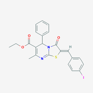 molecular formula C23H19IN2O3S B387748 ETHYL (2Z)-2-[(4-IODOPHENYL)METHYLIDENE]-7-METHYL-3-OXO-5-PHENYL-2H,3H,5H-[1,3]THIAZOLO[3,2-A]PYRIMIDINE-6-CARBOXYLATE 