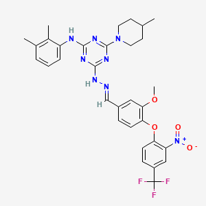 molecular formula C32H33F3N8O4 B3877596 4-N-(2,3-dimethylphenyl)-2-N-[(E)-[3-methoxy-4-[2-nitro-4-(trifluoromethyl)phenoxy]phenyl]methylideneamino]-6-(4-methylpiperidin-1-yl)-1,3,5-triazine-2,4-diamine 