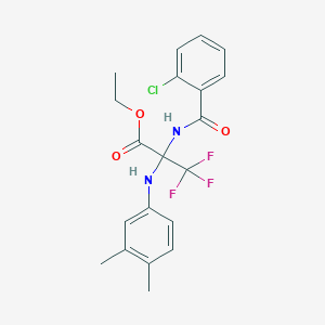 molecular formula C20H20ClF3N2O3 B387767 Ethyl 2-[(2-chlorobenzoyl)amino]-2-(3,4-dimethylanilino)-3,3,3-trifluoropropanoate CAS No. 337469-53-1