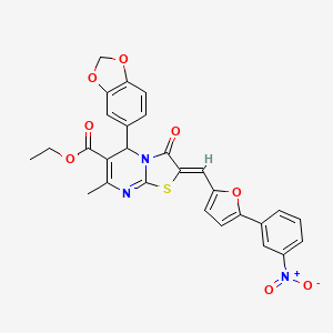 molecular formula C28H21N3O8S B3877675 Ethyl (2Z)-5-(2H-1,3-benzodioxol-5-YL)-7-methyl-2-{[5-(3-nitrophenyl)furan-2-YL]methylidene}-3-oxo-2H,3H,5H-[1,3]thiazolo[3,2-A]pyrimidine-6-carboxylate 