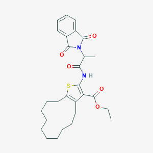 molecular formula C28H34N2O5S B387781 ethyl 2-{[2-(1,3-dioxo-1,3-dihydro-2H-isoindol-2-yl)propanoyl]amino}-4,5,6,7,8,9,10,11,12,13-decahydrocyclododeca[b]thiophene-3-carboxylate 