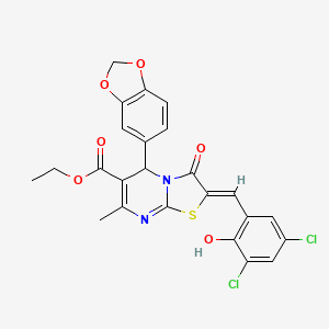 molecular formula C24H18Cl2N2O6S B3877922 Ethyl (2Z)-5-(2H-1,3-benzodioxol-5-YL)-2-[(3,5-dichloro-2-hydroxyphenyl)methylidene]-7-methyl-3-oxo-2H,3H,5H-[1,3]thiazolo[3,2-A]pyrimidine-6-carboxylate 