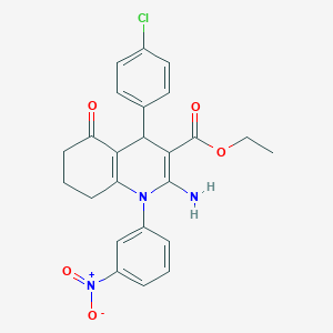 molecular formula C24H22ClN3O5 B387812 Ethyl 2-amino-4-(4-chlorophenyl)-1-(3-nitrophenyl)-5-oxo-1,4,5,6,7,8-hexahydro-3-quinolinecarboxylate 