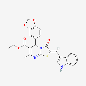 molecular formula C26H21N3O5S B3878223 ETHYL (2Z)-5-(2H-1,3-BENZODIOXOL-5-YL)-2-[(1H-INDOL-3-YL)METHYLIDENE]-7-METHYL-3-OXO-2H,3H,5H-[1,3]THIAZOLO[3,2-A]PYRIMIDINE-6-CARBOXYLATE 