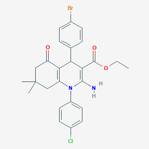 molecular formula C26H26BrClN2O3 B387829 Ethyl 2-amino-4-(4-bromophenyl)-1-(4-chlorophenyl)-7,7-dimethyl-5-oxo-1,4,5,6,7,8-hexahydro-3-quinolinecarboxylate 
