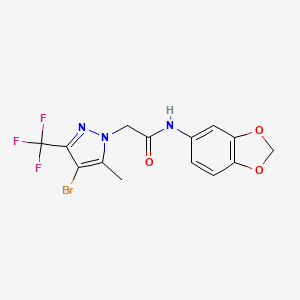 molecular formula C14H11BrF3N3O3 B3878291 N-(1,3-benzodioxol-5-yl)-2-[4-bromo-5-methyl-3-(trifluoromethyl)pyrazol-1-yl]acetamide 