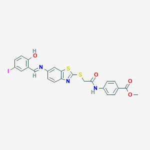 molecular formula C24H18IN3O4S2 B387836 Methyl 4-{[({6-[(2-hydroxy-5-iodobenzylidene)amino]-1,3-benzothiazol-2-yl}sulfanyl)acetyl]amino}benzoate 
