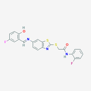 molecular formula C22H15FIN3O2S2 B387846 N-(2-fluorophenyl)-2-({6-[(2-hydroxy-5-iodobenzylidene)amino]-1,3-benzothiazol-2-yl}sulfanyl)acetamide 
