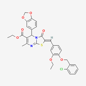 molecular formula C33H29ClN2O7S B3878498 Ethyl (2Z)-5-(2H-1,3-benzodioxol-5-YL)-2-({4-[(2-chlorophenyl)methoxy]-3-ethoxyphenyl}methylidene)-7-methyl-3-oxo-2H,3H,5H-[1,3]thiazolo[3,2-A]pyrimidine-6-carboxylate 