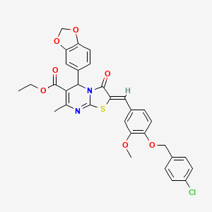 molecular formula C32H27ClN2O7S B3878503 Ethyl (2Z)-5-(2H-1,3-benzodioxol-5-YL)-2-({4-[(4-chlorophenyl)methoxy]-3-methoxyphenyl}methylidene)-7-methyl-3-oxo-2H,3H,5H-[1,3]thiazolo[3,2-A]pyrimidine-6-carboxylate 