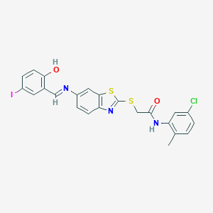 molecular formula C23H17ClIN3O2S2 B387852 N-(5-chloro-2-methylphenyl)-2-({6-[(2-hydroxy-5-iodobenzylidene)amino]-1,3-benzothiazol-2-yl}sulfanyl)acetamide 