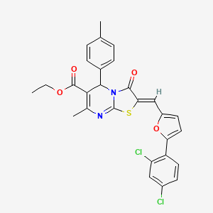 molecular formula C28H22Cl2N2O4S B3878544 ETHYL (2Z)-2-{[5-(2,4-DICHLOROPHENYL)FURAN-2-YL]METHYLIDENE}-7-METHYL-5-(4-METHYLPHENYL)-3-OXO-2H,3H,5H-[1,3]THIAZOLO[3,2-A]PYRIMIDINE-6-CARBOXYLATE 