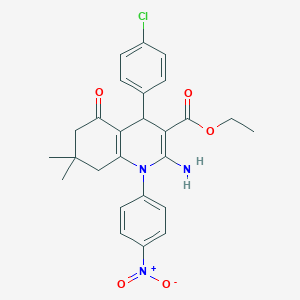 molecular formula C26H26ClN3O5 B387860 Ethyl 2-amino-4-(4-chlorophenyl)-1-{4-nitrophenyl}-7,7-dimethyl-5-oxo-1,4,5,6,7,8-hexahydro-3-quinolinecarboxylate 