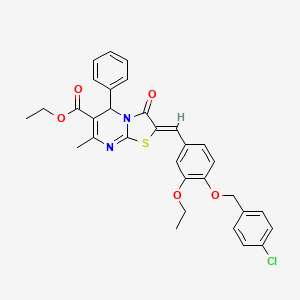 molecular formula C32H29ClN2O5S B3878600 Ethyl (2Z)-2-({4-[(4-chlorophenyl)methoxy]-3-ethoxyphenyl}methylidene)-7-methyl-3-oxo-5-phenyl-2H,3H,5H-[1,3]thiazolo[3,2-A]pyrimidine-6-carboxylate 