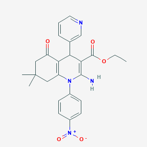 molecular formula C25H26N4O5 B387861 Ethyl 2-amino-1-{4-nitrophenyl}-7,7-dimethyl-5-oxo-4-(3-pyridinyl)-1,4,5,6,7,8-hexahydro-3-quinolinecarboxylate 