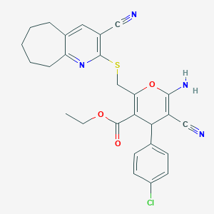 molecular formula C27H25ClN4O3S B387910 ethyl 6-amino-4-(4-chlorophenyl)-5-cyano-2-[({3-cyano-5H,6H,7H,8H,9H-cyclohepta[b]pyridin-2-yl}sulfanyl)methyl]-4H-pyran-3-carboxylate CAS No. 336180-73-5
