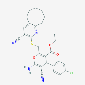 molecular formula C28H27ClN4O3S B387912 ethyl 6-amino-4-(4-chlorophenyl)-5-cyano-2-[({3-cyano-5H,6H,7H,8H,9H,10H-cycloocta[b]pyridin-2-yl}sulfanyl)methyl]-4H-pyran-3-carboxylate CAS No. 339163-49-4