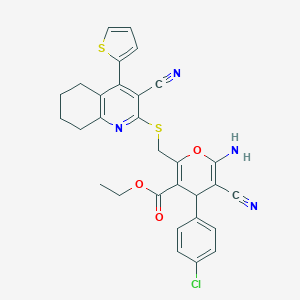 molecular formula C30H25ClN4O3S2 B387926 ethyl 6-amino-4-(4-chlorophenyl)-5-cyano-2-({[3-cyano-4-(thiophen-2-yl)-5,6,7,8-tetrahydroquinolin-2-yl]sulfanyl}methyl)-4H-pyran-3-carboxylate 