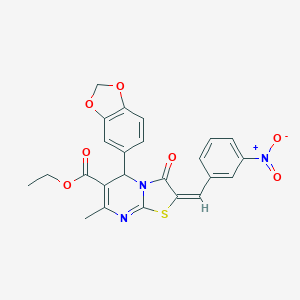 molecular formula C24H19N3O7S B387930 ethyl 5-(1,3-benzodioxol-5-yl)-2-{3-nitrobenzylidene}-7-methyl-3-oxo-2,3-dihydro-5H-[1,3]thiazolo[3,2-a]pyrimidine-6-carboxylate 