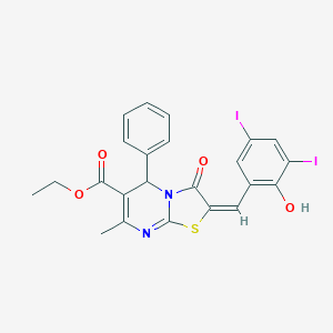 molecular formula C23H18I2N2O4S B387947 ETHYL (2E)-2-[(2-HYDROXY-3,5-DIIODOPHENYL)METHYLIDENE]-7-METHYL-3-OXO-5-PHENYL-2H,3H,5H-[1,3]THIAZOLO[3,2-A]PYRIMIDINE-6-CARBOXYLATE 