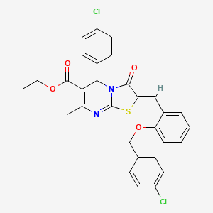 molecular formula C30H24Cl2N2O4S B3879650 Ethyl (2Z)-5-(4-chlorophenyl)-2-({2-[(4-chlorophenyl)methoxy]phenyl}methylidene)-7-methyl-3-oxo-2H,3H,5H-[1,3]thiazolo[3,2-A]pyrimidine-6-carboxylate 