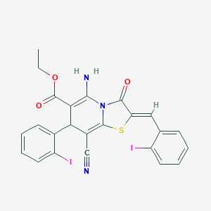 molecular formula C24H17I2N3O3S B387979 ETHYL (2Z)-5-AMINO-8-CYANO-7-(2-IODOPHENYL)-2-[(2-IODOPHENYL)METHYLIDENE]-3-OXO-2H,3H,7H-[1,3]THIAZOLO[3,2-A]PYRIDINE-6-CARBOXYLATE 