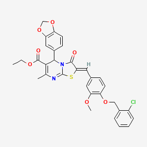 molecular formula C32H27ClN2O7S B3880053 ETHYL (2Z)-5-(2H-1,3-BENZODIOXOL-5-YL)-2-({4-[(2-CHLOROPHENYL)METHOXY]-3-METHOXYPHENYL}METHYLIDENE)-7-METHYL-3-OXO-2H,3H,5H-[1,3]THIAZOLO[3,2-A]PYRIMIDINE-6-CARBOXYLATE 