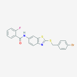 molecular formula C21H14BrFN2OS2 B388008 N-(2-{[(4-BROMOPHENYL)METHYL]SULFANYL}-1,3-BENZOTHIAZOL-6-YL)-2-FLUOROBENZAMIDE 
