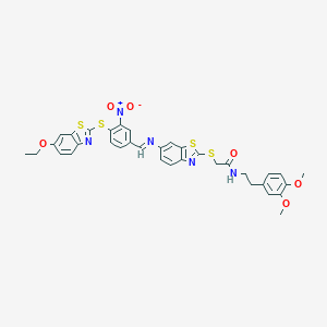 molecular formula C35H31N5O6S4 B388011 N-[2-(3,4-DIMETHOXYPHENYL)ETHYL]-2-({6-[(E)-({4-[(6-ETHOXY-1,3-BENZOTHIAZOL-2-YL)SULFANYL]-3-NITROPHENYL}METHYLIDENE)AMINO]-1,3-BENZOTHIAZOL-2-YL}SULFANYL)ACETAMIDE 