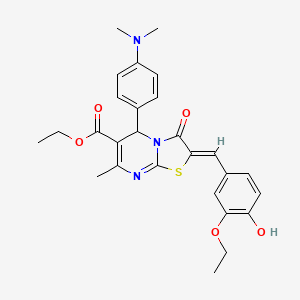 molecular formula C27H29N3O5S B3880193 ETHYL (2Z)-5-[4-(DIMETHYLAMINO)PHENYL]-2-[(3-ETHOXY-4-HYDROXYPHENYL)METHYLIDENE]-7-METHYL-3-OXO-2H,3H,5H-[1,3]THIAZOLO[3,2-A]PYRIMIDINE-6-CARBOXYLATE 