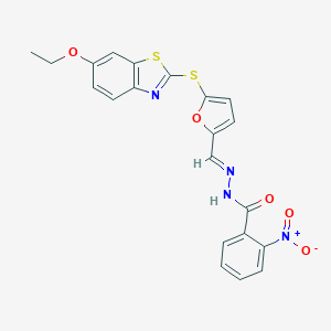 molecular formula C21H16N4O5S2 B388023 N'-[(E)-{5-[(6-ethoxy-1,3-benzothiazol-2-yl)sulfanyl]furan-2-yl}methylidene]-2-nitrobenzohydrazide 