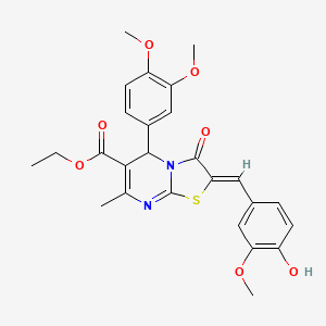 molecular formula C26H26N2O7S B3880261 ETHYL (2Z)-5-(3,4-DIMETHOXYPHENYL)-2-[(4-HYDROXY-3-METHOXYPHENYL)METHYLIDENE]-7-METHYL-3-OXO-2H,3H,5H-[1,3]THIAZOLO[3,2-A]PYRIMIDINE-6-CARBOXYLATE CAS No. 5679-64-1
