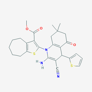 molecular formula C27H29N3O3S2 B388027 METHYL 2-[2-AMINO-3-CYANO-7,7-DIMETHYL-5-OXO-4-(THIOPHEN-2-YL)-1,4,5,6,7,8-HEXAHYDROQUINOLIN-1-YL]-4H,5H,6H,7H,8H-CYCLOHEPTA[B]THIOPHENE-3-CARBOXYLATE 