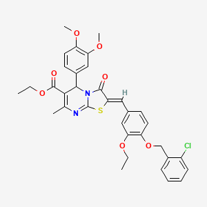 molecular formula C34H33ClN2O7S B3880275 Ethyl (2Z)-2-({4-[(2-chlorophenyl)methoxy]-3-ethoxyphenyl}methylidene)-5-(3,4-dimethoxyphenyl)-7-methyl-3-oxo-2H,3H,5H-[1,3]thiazolo[3,2-A]pyrimidine-6-carboxylate 