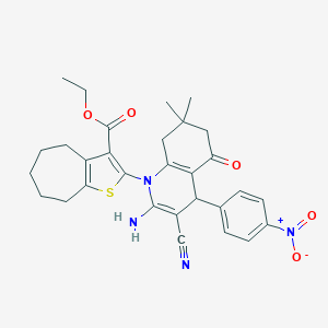 molecular formula C30H32N4O5S B388030 ETHYL 2-[2-AMINO-3-CYANO-7,7-DIMETHYL-4-(4-NITROPHENYL)-5-OXO-1,4,5,6,7,8-HEXAHYDROQUINOLIN-1-YL]-4H,5H,6H,7H,8H-CYCLOHEPTA[B]THIOPHENE-3-CARBOXYLATE 