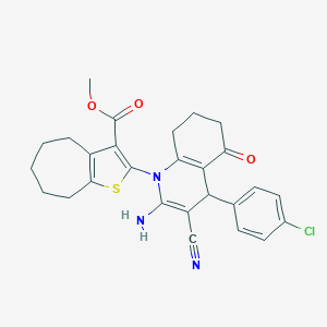 molecular formula C27H26ClN3O3S B388033 METHYL 2-[2-AMINO-4-(4-CHLOROPHENYL)-3-CYANO-5-OXO-1,4,5,6,7,8-HEXAHYDROQUINOLIN-1-YL]-4H,5H,6H,7H,8H-CYCLOHEPTA[B]THIOPHENE-3-CARBOXYLATE 