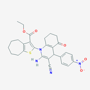 molecular formula C28H28N4O5S B388055 ethyl 2-(2-amino-3-cyano-4-{4-nitrophenyl}-5-oxo-5,6,7,8-tetrahydro-1(4H)-quinolinyl)-5,6,7,8-tetrahydro-4H-cyclohepta[b]thiophene-3-carboxylate 