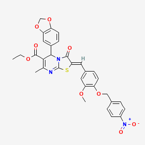 molecular formula C32H27N3O9S B3880585 Ethyl (2Z)-5-(2H-1,3-benzodioxol-5-YL)-2-({3-methoxy-4-[(4-nitrophenyl)methoxy]phenyl}methylidene)-7-methyl-3-oxo-2H,3H,5H-[1,3]thiazolo[3,2-A]pyrimidine-6-carboxylate 