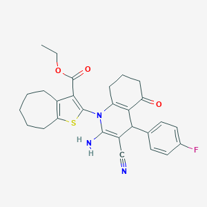 molecular formula C28H28FN3O3S B388059 ethyl 2-(2-amino-3-cyano-4-(4-fluorophenyl)-5-oxo-5,6,7,8-tetrahydro-1(4H)-quinolinyl)-5,6,7,8-tetrahydro-4H-cyclohepta[b]thiophene-3-carboxylate 