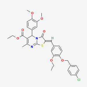 molecular formula C34H33ClN2O7S B3880644 Ethyl (2Z)-2-({4-[(4-chlorophenyl)methoxy]-3-ethoxyphenyl}methylidene)-5-(3,4-dimethoxyphenyl)-7-methyl-3-oxo-2H,3H,5H-[1,3]thiazolo[3,2-A]pyrimidine-6-carboxylate 