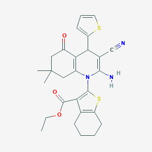 molecular formula C27H29N3O3S2 B388075 ETHYL 2-[2-AMINO-3-CYANO-7,7-DIMETHYL-5-OXO-4-(THIOPHEN-2-YL)-1,4,5,6,7,8-HEXAHYDROQUINOLIN-1-YL]-4,5,6,7-TETRAHYDRO-1-BENZOTHIOPHENE-3-CARBOXYLATE 