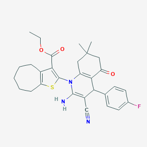 molecular formula C30H32FN3O3S B388088 ETHYL 2-[2-AMINO-3-CYANO-4-(4-FLUOROPHENYL)-7,7-DIMETHYL-5-OXO-1,4,5,6,7,8-HEXAHYDROQUINOLIN-1-YL]-4H,5H,6H,7H,8H-CYCLOHEPTA[B]THIOPHENE-3-CARBOXYLATE 