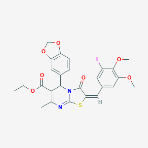 molecular formula C26H23IN2O7S B388096 ETHYL 5-(1,3-BENZODIOXOL-5-YL)-2-[(E)-1-(3-IODO-4,5-DIMETHOXYPHENYL)METHYLIDENE]-7-METHYL-3-OXO-2,3-DIHYDRO-5H-[1,3]THIAZOLO[3,2-A]PYRIMIDINE-6-CARBOXYLATE 