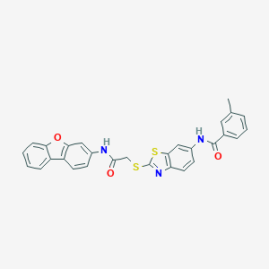 molecular formula C29H21N3O3S2 B388121 N-(2-{[2-(dibenzo[b,d]furan-3-ylamino)-2-oxoethyl]sulfanyl}-1,3-benzothiazol-6-yl)-3-methylbenzamide 
