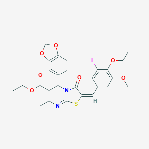 molecular formula C28H25IN2O7S B388122 ethyl 2-[4-(allyloxy)-3-iodo-5-methoxybenzylidene]-5-(1,3-benzodioxol-5-yl)-7-methyl-3-oxo-2,3-dihydro-5H-[1,3]thiazolo[3,2-a]pyrimidine-6-carboxylate 