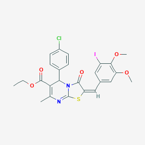 molecular formula C25H22ClIN2O5S B388126 ethyl 5-(4-chlorophenyl)-2-(3-iodo-4,5-dimethoxybenzylidene)-7-methyl-3-oxo-2,3-dihydro-5H-[1,3]thiazolo[3,2-a]pyrimidine-6-carboxylate 