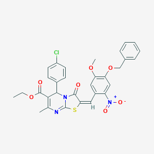 molecular formula C31H26ClN3O7S B388135 ETHYL (2E)-2-{[4-(BENZYLOXY)-5-METHOXY-2-NITROPHENYL]METHYLIDENE}-5-(4-CHLOROPHENYL)-7-METHYL-3-OXO-2H,3H,5H-[1,3]THIAZOLO[3,2-A]PYRIMIDINE-6-CARBOXYLATE 
