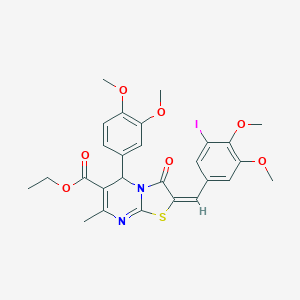 molecular formula C27H27IN2O7S B388188 ethyl 5-(3,4-dimethoxyphenyl)-2-(3-iodo-4,5-dimethoxybenzylidene)-7-methyl-3-oxo-2,3-dihydro-5H-[1,3]thiazolo[3,2-a]pyrimidine-6-carboxylate 
